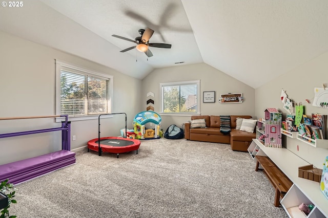 607 E Kennedy Ct, Carlton, OR 97111 - playroom with carpet flooring, a ceiling fan, and vaulted ceiling
