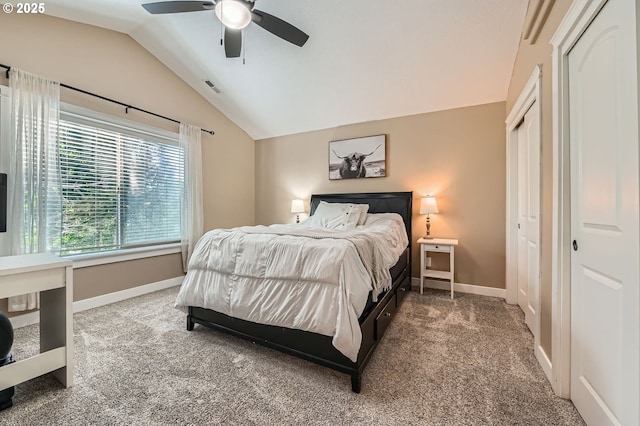 607 E Kennedy Ct, Carlton, OR 97111 - carpeted bedroom featuring vaulted ceiling, baseboards, and a ceiling fan