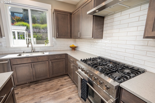 840 Chikamin Loop, Silverton, OR 97381 - kitchen with appliances with stainless steel finishes, a sink, ventilation hood, decorative backsplash, and light wood-type flooring