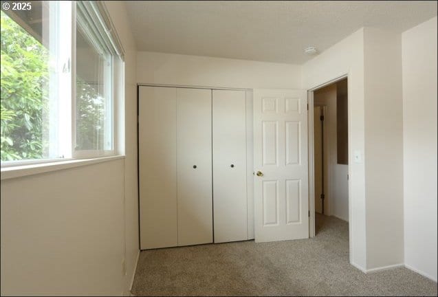 unfurnished bedroom with carpet floors and a closet