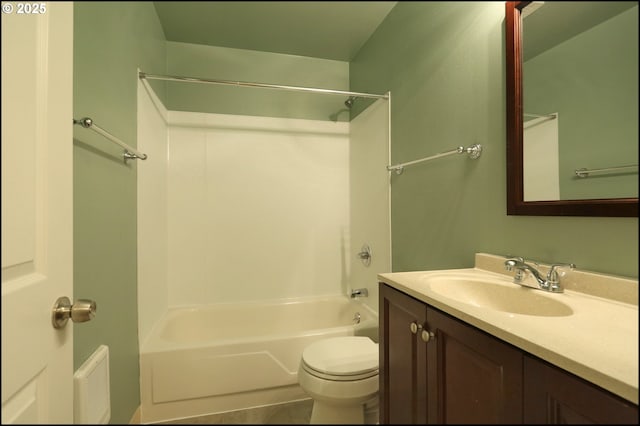 full bathroom with visible vents, shower / bathing tub combination, vanity, and toilet