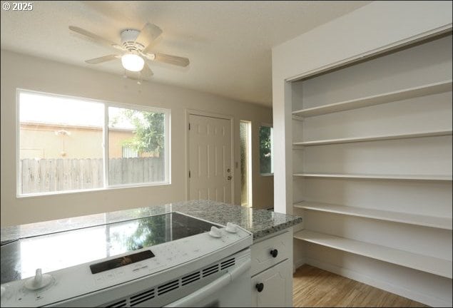 kitchen with a ceiling fan, white cabinets, light wood-type flooring, light stone countertops, and electric range oven