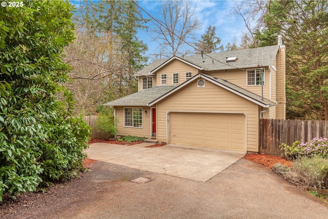4216 SW Brugger St, Portland, OR 97219 - traditional-style house featuring driveway, an attached garage, roof with shingles, and a chimney