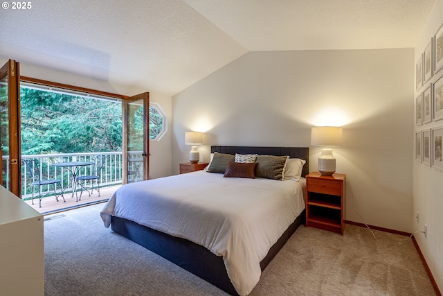 4216 SW Brugger St, Portland, OR 97219 - carpeted bedroom featuring access to exterior, vaulted ceiling, and baseboards