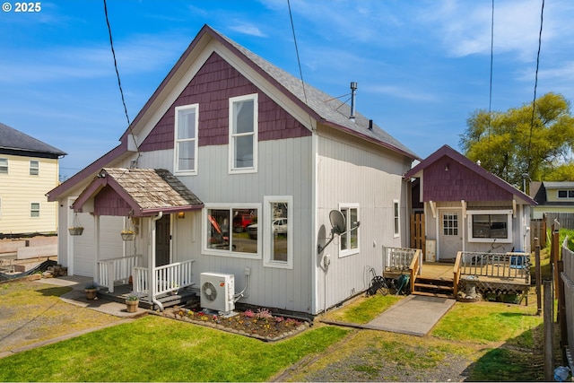 back of house with a lawn, fence, a wooden deck, and ac unit