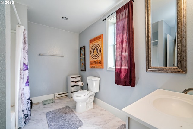 bathroom with baseboards, marble finish floor, toilet, and vanity