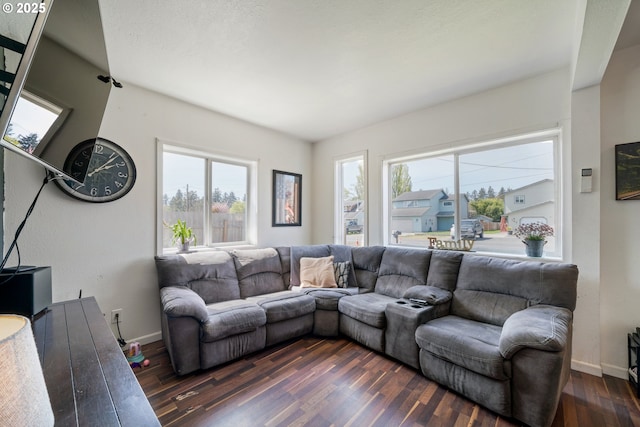 living room with baseboards, dark wood-style floors, and a wealth of natural light