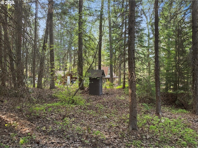 view of yard featuring a forest view