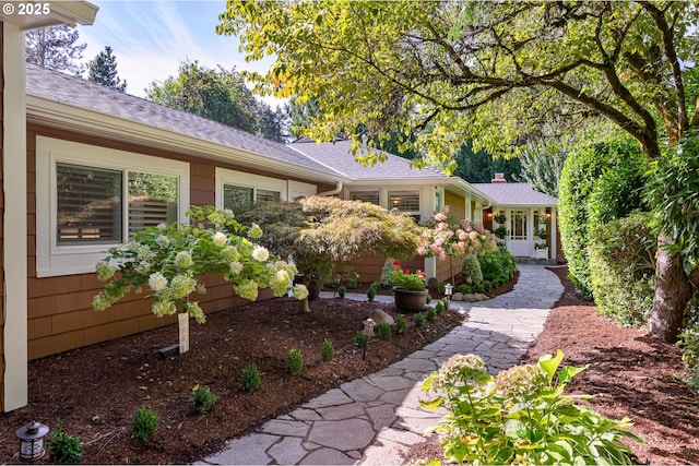 ranch-style home with roof with shingles