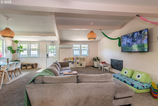 carpeted living room featuring an AC wall unit and beamed ceiling