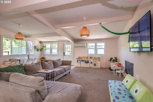 living room with carpet flooring, a fireplace, a wall unit AC, and beam ceiling