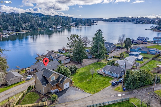 aerial view featuring a water view and a residential view