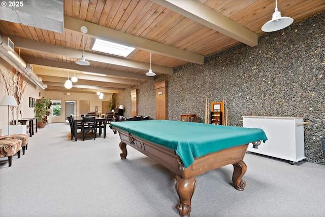 playroom featuring a skylight, wooden ceiling, carpet floors, and beamed ceiling