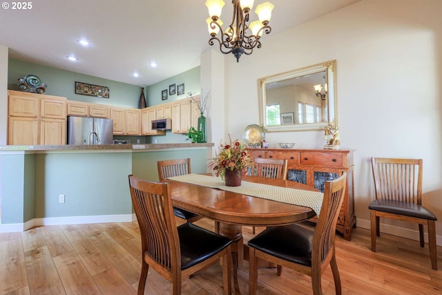6641 NE Rosebay Dr, Hillsboro, OR 97124 - dining room with a chandelier, light wood finished floors, baseboards, and recessed lighting