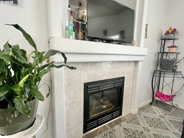 interior details featuring a fireplace