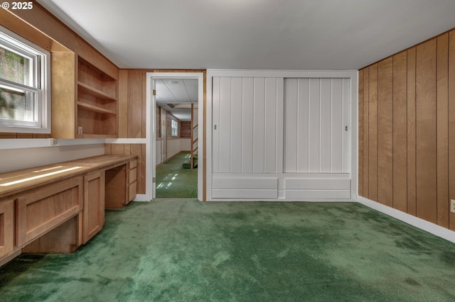 interior space with light colored carpet, wood walls, and plenty of natural light