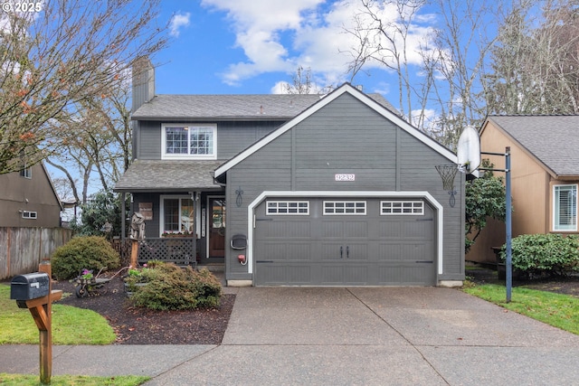 traditional home with roof with shingles, a chimney, a porch, concrete driveway, and an attached garage