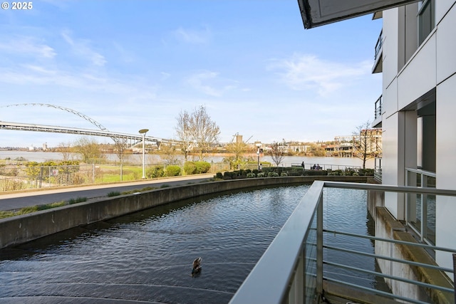 exterior space with a water view