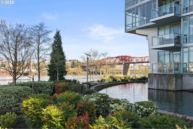 view of community with a water view