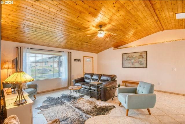 living room featuring wood ceiling, ceiling fan, lofted ceiling, and light tile patterned floors