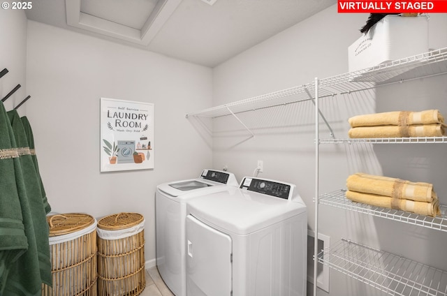 31766 NW Turel Dr, North Plains, OR 97133 - washroom featuring washing machine and dryer, attic access, and baseboards