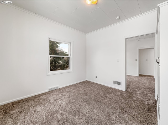 spare room with carpet, visible vents, and crown molding