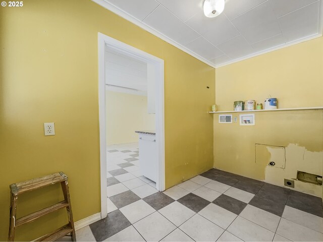 clothes washing area featuring laundry area, hookup for a washing machine, electric dryer hookup, and crown molding