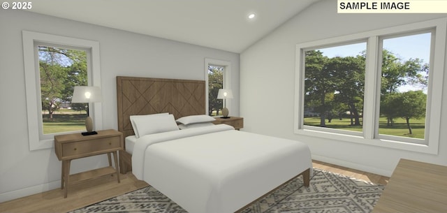 bedroom featuring wood-type flooring and vaulted ceiling