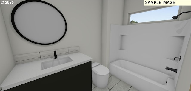 full bathroom with bathtub / shower combination, tile patterned floors, vanity, and toilet