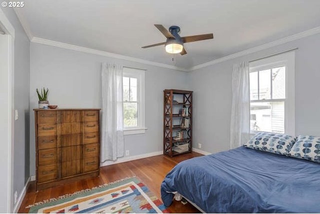 709 S Meridian St, Newberg, OR 97132 - bedroom with wood finished floors, ornamental molding, and a ceiling fan