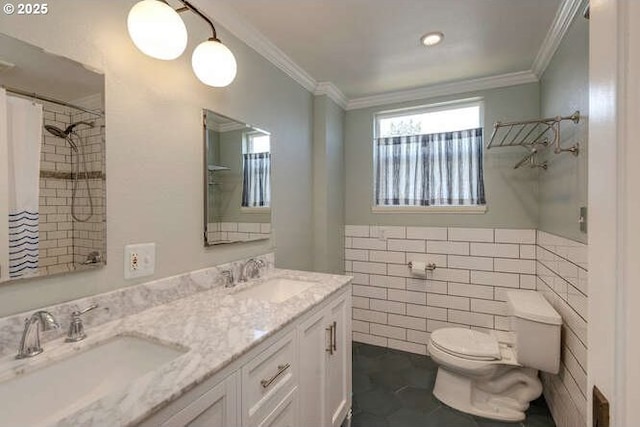 709 S Meridian St, Newberg, OR 97132 - bathroom featuring double vanity, tile walls, curtained shower, ornamental molding, and tile patterned floors