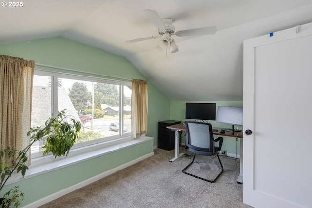 709 S Meridian St, Newberg, OR 97132 - home office with vaulted ceiling, carpet, and a ceiling fan
