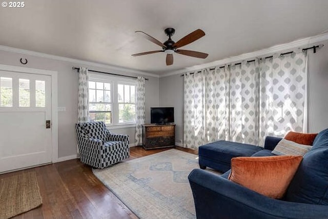 709 S Meridian St, Newberg, OR 97132 - living area featuring ornamental molding, a ceiling fan, and wood finished floors