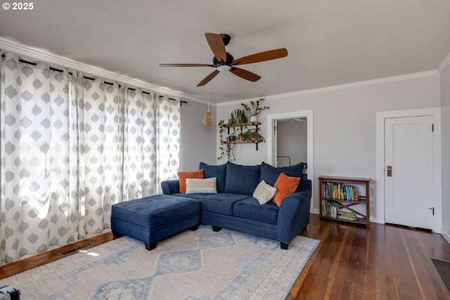 709 S Meridian St, Newberg, OR 97132 - living area with a ceiling fan, crown molding, and wood-type flooring