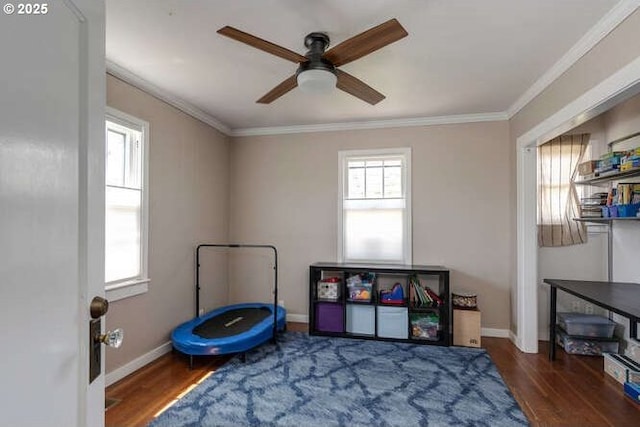 709 S Meridian St, Newberg, OR 97132 - recreation room with a ceiling fan, wood finished floors, and ornamental molding