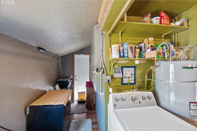 380 3rd Ave, Powers, OR 97466 - laundry room with washer / dryer, water heater, wood finished floors, and a textured ceiling