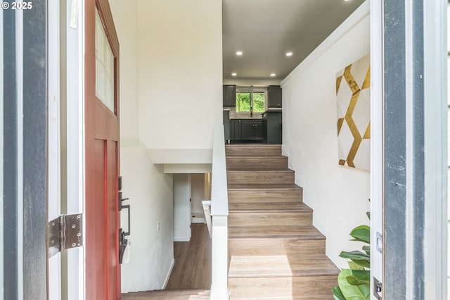 37465 Dubarko Rd, Sandy, OR 97055 - entryway with light wood finished floors, recessed lighting, and stairs