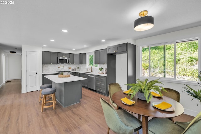 37465 Dubarko Rd, Sandy, OR 97055 - kitchen featuring stainless steel appliances, light countertops, gray cabinets, a kitchen island, and decorative backsplash
