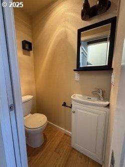 bathroom featuring vanity, toilet, and hardwood / wood-style floors