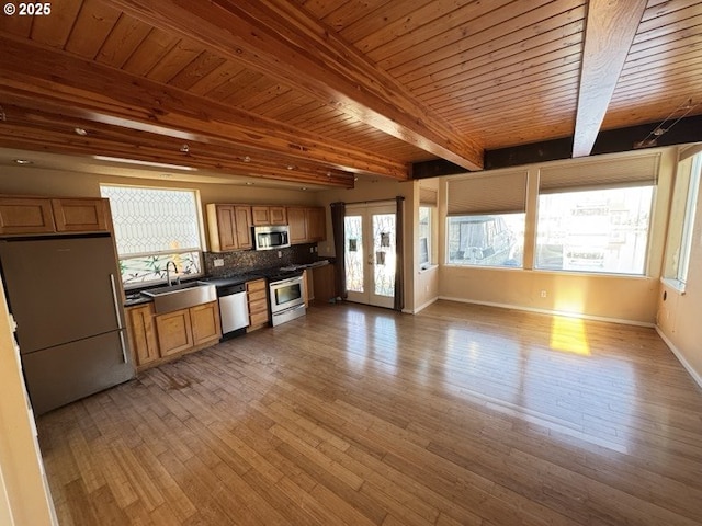 kitchen with sink, wood ceiling, stainless steel appliances, beam ceiling, and decorative backsplash