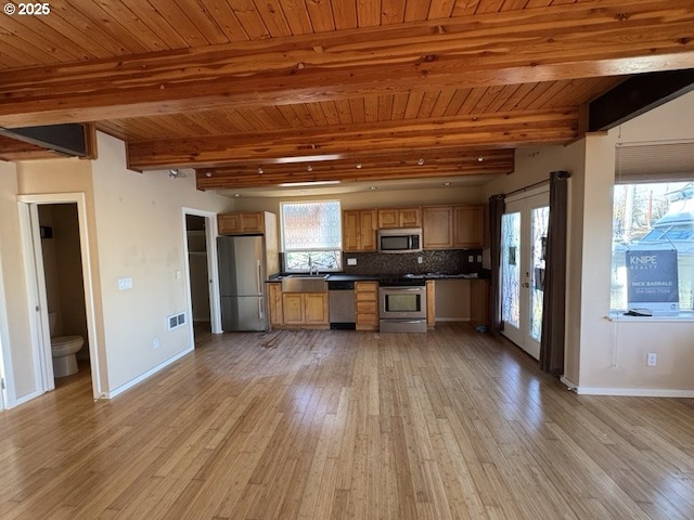 kitchen featuring wooden ceiling, appliances with stainless steel finishes, beam ceiling, light hardwood / wood-style floors, and backsplash