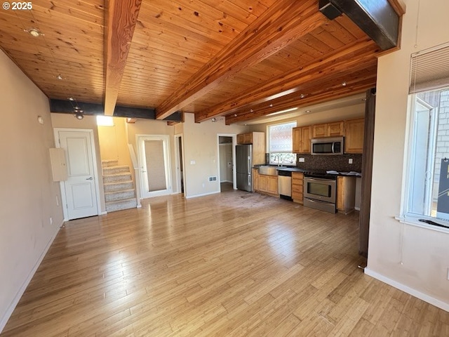 unfurnished living room with beam ceiling, light hardwood / wood-style flooring, and wooden ceiling