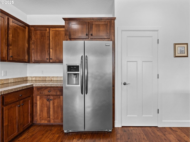 37149 Emerald Cascade, Sandy, OR 97055 - kitchen with stainless steel refrigerator with ice dispenser, dark wood-type flooring, and tile countertops