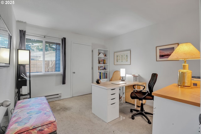 home office with light colored carpet and baseboard heating