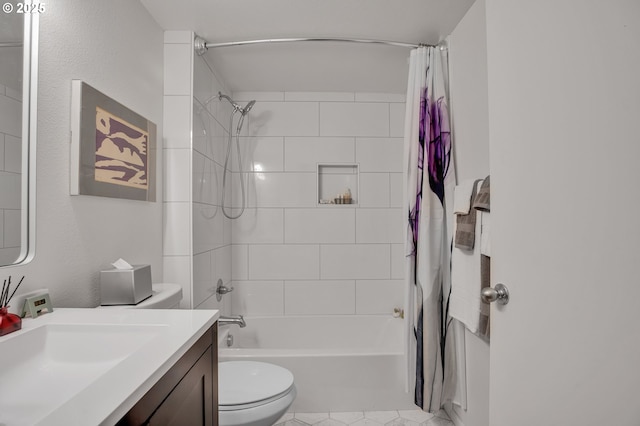 bathroom featuring toilet, shower / bathtub combination with curtain, and vanity