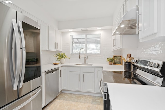 13440 SW Greenleaf Pl, Beaverton, OR 97005 - kitchen featuring appliances with stainless steel finishes, under cabinet range hood, a sink, white cabinetry, and tasteful backsplash