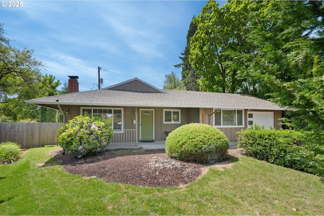 13440 SW Greenleaf Pl, Beaverton, OR 97005 - ranch-style house featuring a chimney, covered porch, board and batten siding, and a shingled roof