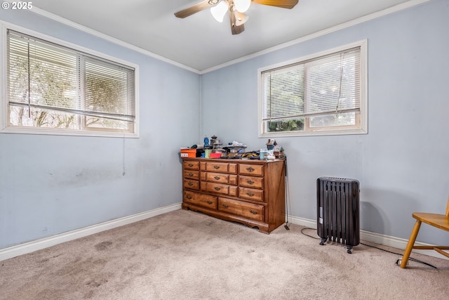 bedroom featuring multiple windows, carpet floors, ornamental molding, and radiator heating unit