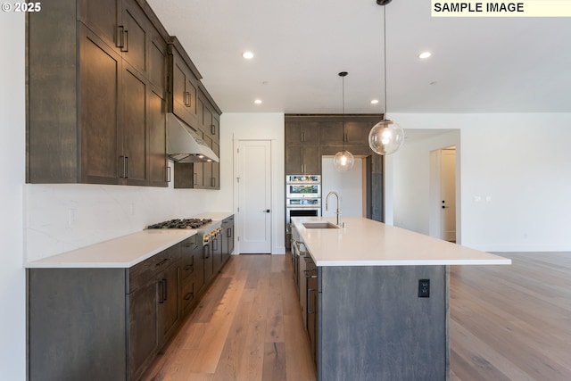 kitchen featuring appliances with stainless steel finishes, dark brown cabinets, wood-type flooring, a center island with sink, and decorative light fixtures