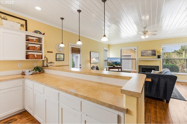1537 NW 21st St, Lincoln City, OR 97367 - kitchen with a peninsula, ornamental molding, a fireplace, wood-type flooring, and a ceiling fan